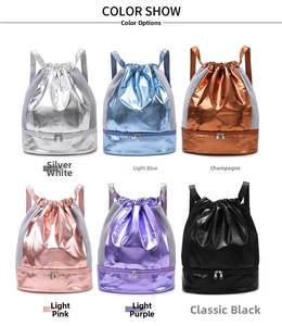 Drawstring sports bag with metallic finish and mesh side pockets in six vibrant colors