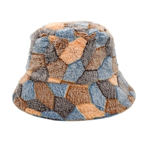 Plush Bucket Hat Geometric Patchwork Faux Fur Winter Warm Coral Fleece Adjustable Retro Outdoor For Women Men