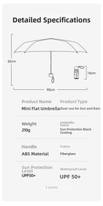 Detailed size chart for mini 6-fold umbrella showing 90cm diameter and 15cm folded length