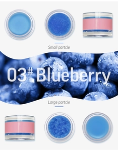 Macro detail of 03# Blueberry lip scrub in small and large particle textures for lip care