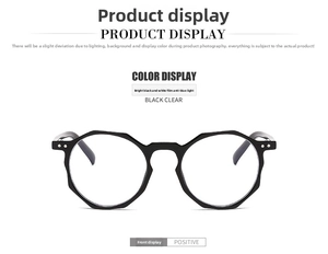 Front view of geometric polygon eyeglasses in shiny black with anti-blue light clear lenses