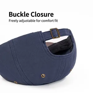 Navy blue baseball cap with adjustable bronze metal buckle and breathable eyelets