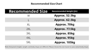 Detailed size chart for men jacket from M to 5XL with recommended weight guidelines