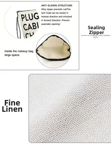 Detail of linen toiletry bag with anti-sliding alloy zipper and large storage interior