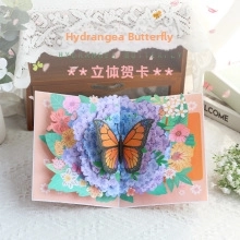 Detail of 3D pop-up greeting card featuring a vibrant hydrangea and butterfly paper craft