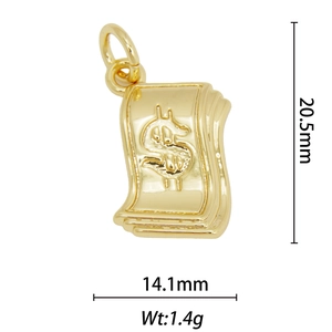 Detailed view of 18k gold plated money stack pendant with 20.5mm size specifications