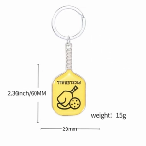 Yellow Pickleball paddle keychain pendant with dimensions 60x29mm and 15g weight