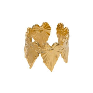 Polished 18k gold plated stainless steel leaf ring with adjustable open band