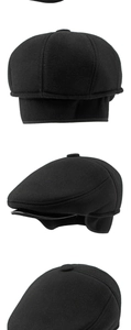 Detail of black wool newsboy cap showing foldable ear flaps for winter warmth