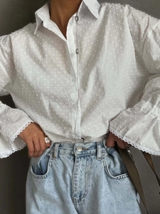 White textured dot cotton blouse with flared sleeves and button-down front for women