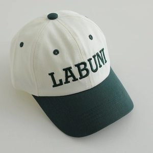 Kids minimalist beige and green baseball cap with LABUNI embroidery in a vintage style