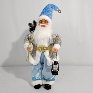 Detailed Santa Claus figurine in light blue with sequin hat and vintage lantern