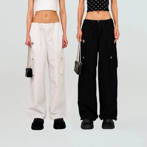Pantalon Cargo Femme Coton Polyester Cordon Réglable Jambe Large Streetwear Multi Poches Pantalon Décontracté