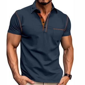 Navy blue men's slim fit Polo shirt with brown contrast stitching and chest pocket detail