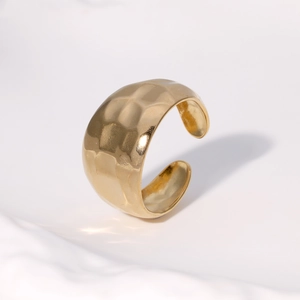 Minimalist adjustable golden titanium steel ring with unique hammered texture design