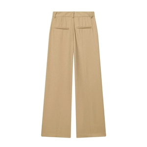 Detail of khaki straight-leg trousers with back pockets and smooth twill texture