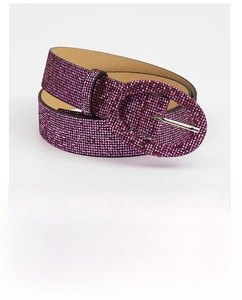 Detail view of purple rhinestone belt featuring a sparkling oval buckle and glitter finish