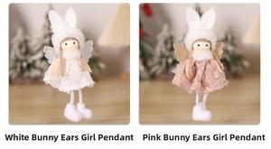 Close-up of pink and white plush angel ornaments with bunny ears and glitter wings