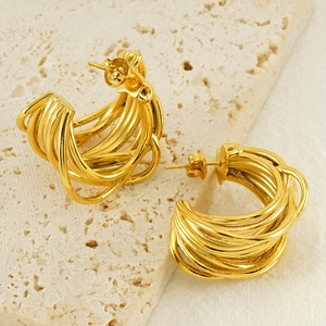 Elegant gold multi-layer wrap earrings with chunky C-shape interlocking metal lines
