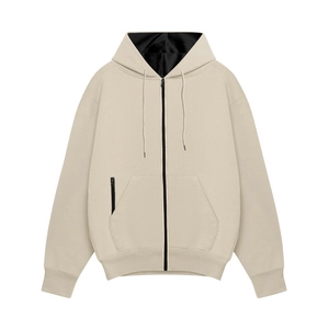 Men's khaki zip-up fleece hoodie with kangaroo pockets and ribbed cuffs in flat lay view