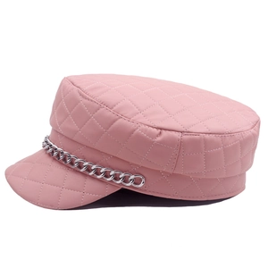 Pink quilted PU leather flat top military hat featuring a stylish silver chain accent