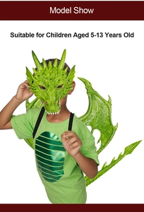 Detail of green dragon mask and scaled wings for children aged 5-13 halloween costume