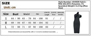 Size guide for the one-shoulder bodycon dress showing measurements from S to L in cm