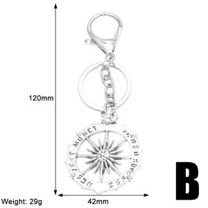 Dimensions of silver compass keychain measuring 120mm in height and 42mm in width