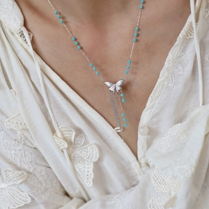 New Chinese style butterfly tassel necklace with blue beads and silver titanium steel