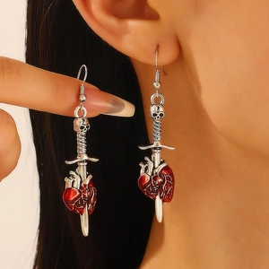 Gothic silver sword through heart earrings with red enamel and skull detail