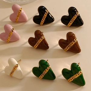 Heart Stud Earrings 316 Stainless Steel Enamel Oil Dripped Gold Chain Decorative Retro Fashion Women Jewelry