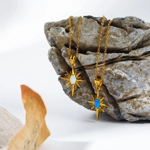 Vintage 18K gold plated stainless steel opal sun star pendant necklace for women