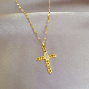 Titanium steel gold necklace featuring a cross pendant with zircon-studded Hand of Fatima