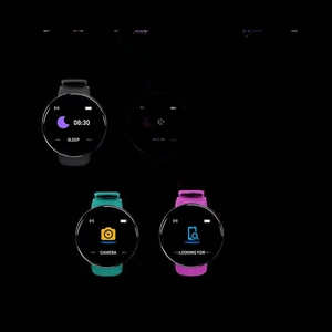Detail view of round smart watch interface showing heart rate, sleep and camera icons