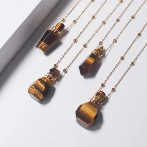 Tiger Eye Stone Perfume Bottle Pendant Necklace Refillable Essential Oil Diffuser Gemstone Crystal Necklace For Women Jewelry