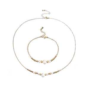 Detailed set of gold tone necklace and bracelet with pearls and frosted metal beads
