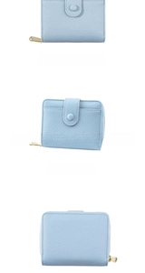 Three-view detail of light blue lychee pattern wallet with gold zipper and snap closure