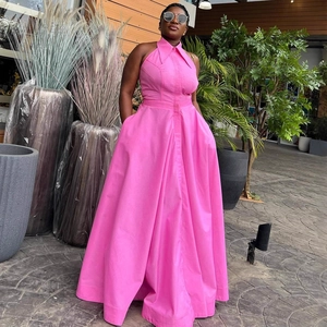 Elegant rose pink halter neck maxi dress with high waist A-line silhouette and open back