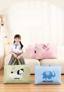 Detail of kindergarten quilt storage bags featuring cute animal patterns and handle