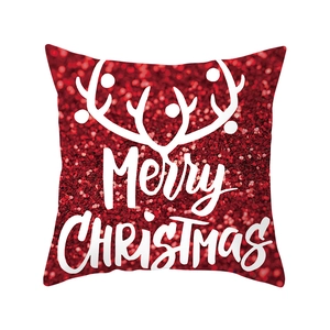 Red Christmas pillowcase with Merry Christmas text and white antlers on white background
