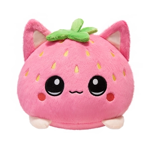 Cute pink strawberry cat plush toy with green leaf and embroidery on white background