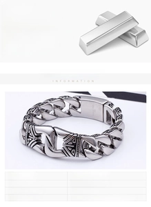 Macro shot of 316L stainless steel heavy curb chain bracelet with retro engraved patterns