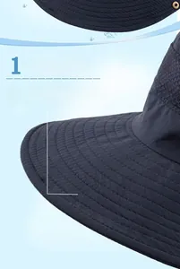 Macro detail of high-quality nine-stitch craftsmanship on dark blue wide brim sun hat