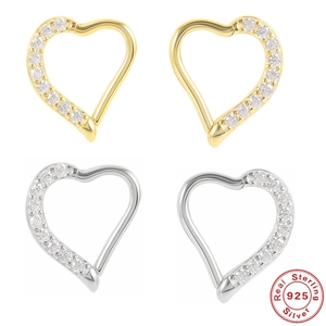 S925 sterling silver heart-shaped earrings with inlaid gemstones in gold and silver