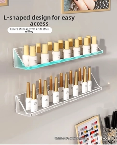 Macro view of transparent acrylic wall shelves with protective front rail for nail polish