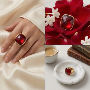 Detailed close-up of a square faceted red crystal cocktail ring with a polished gold band