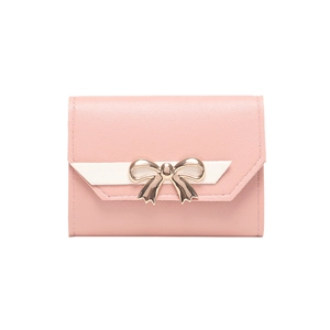 Pink faux leather women's mini wallet featuring a stylish gold floral bow metal buckle