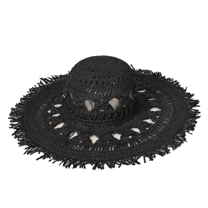 Cappello da sole in paglia nera intrecciata a mano con tesa larga per vacanze in spiaggia