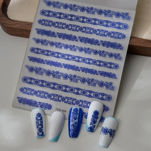 5D Embossed Nail Art Stickers Relief Self Adhesive Lace Flower Blue And White Porcelain Pattern For Women DIY Manicure