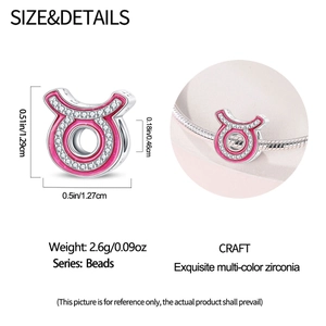 Pink Taurus zodiac bead detail with dimensions 1.29cm and cubic zirconia stones